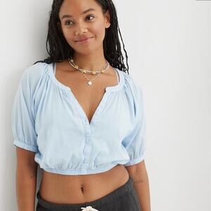 AERIE • Baby Blue Flowy Woven Crop Peasant Top